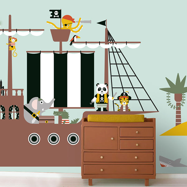Behang Piraten op piratenschip kinderkamer 3 maten in old green