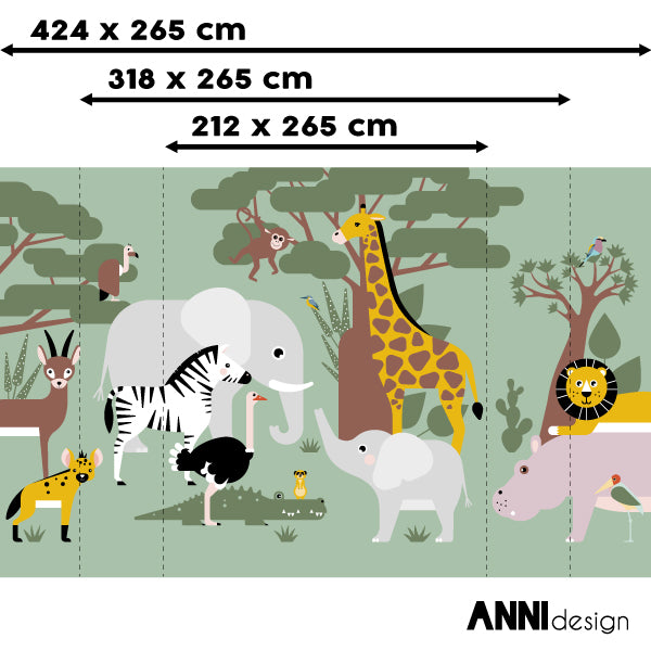 Behang Wildlife kinderkamer 3 maten in zacht groen