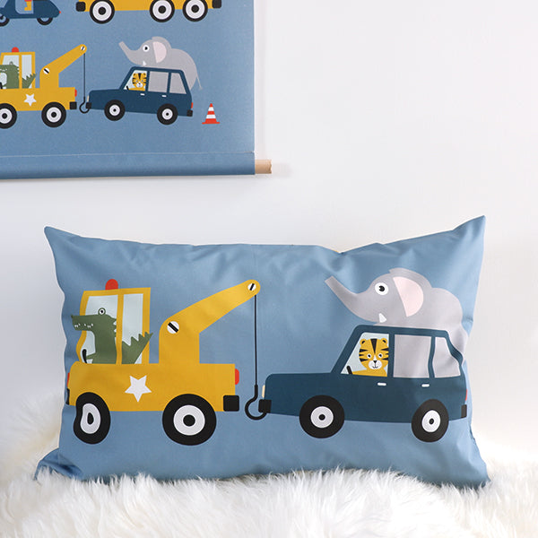 Kussen L kinderkamer Dieren in Takelwagen - jeans blauw (inclusief binnenkussen)