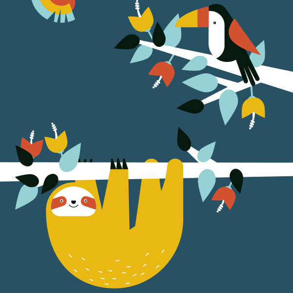 Poster XL Jungle Luiaard en Toekan kinderkamer - donker blauw