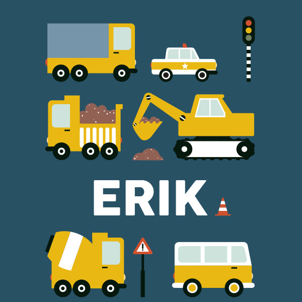 Naamposter XL Voertuigen on the Road met naam kinderkamer - donker blauw