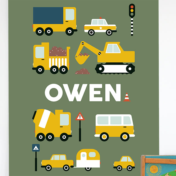 Naamposter XL Voertuigen on the Road met naam kinderkamer - olijf groen