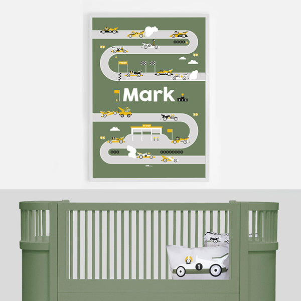 Naamposter XL Raceauto met naam kinderkamer - olijf groen