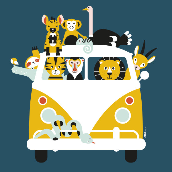 Naamposter XL VW bus Safari jungle dieren - donker blauw