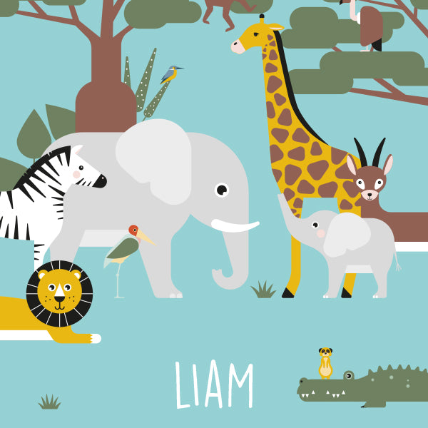 Naamposter XL WildLife met naam kinderkamer - blauw
