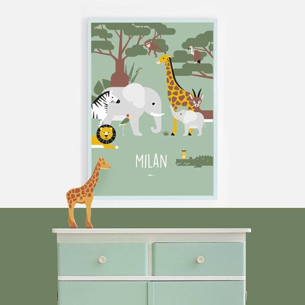 Naamposter XL WildLife met naam kinderkamer - bleek groen