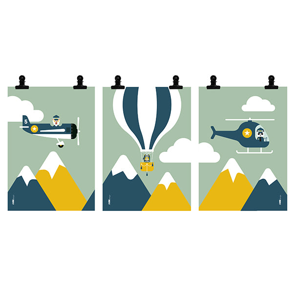 Poster set Kinderkamer Vliegtuig Luchtballon Helikopter - groen