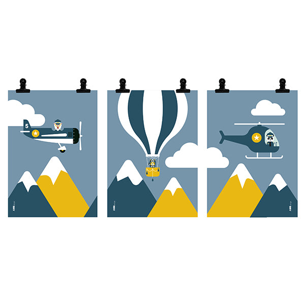 Poster set Kinderkamer Vliegtuig Luchtballon Helikopter - blauw
