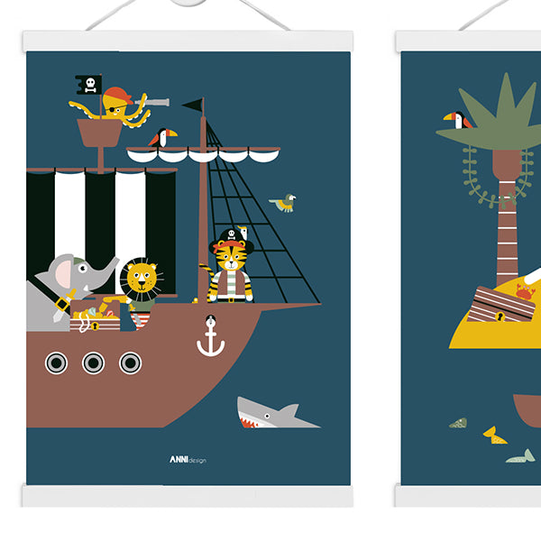 Poster set Kinderkamer Piraat met Piratenschip en Schateiland - blauw