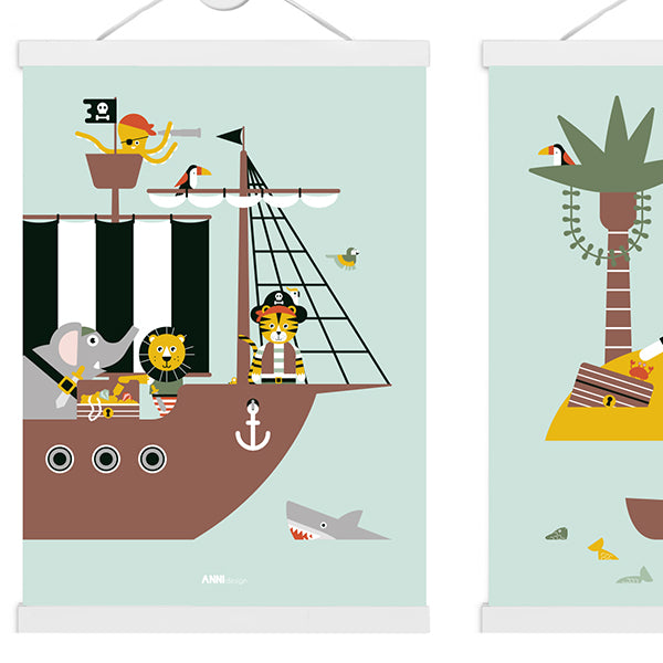 Poster set Kinderkamer Piraat met Piratenschip en Schateiland - mint