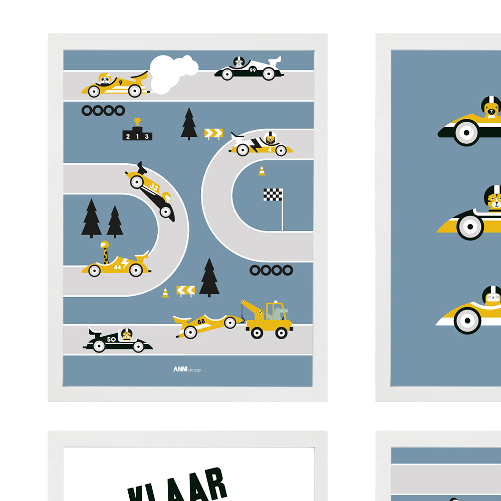 Poster set Kinderkamer Formule 1 Raceauto - blauw