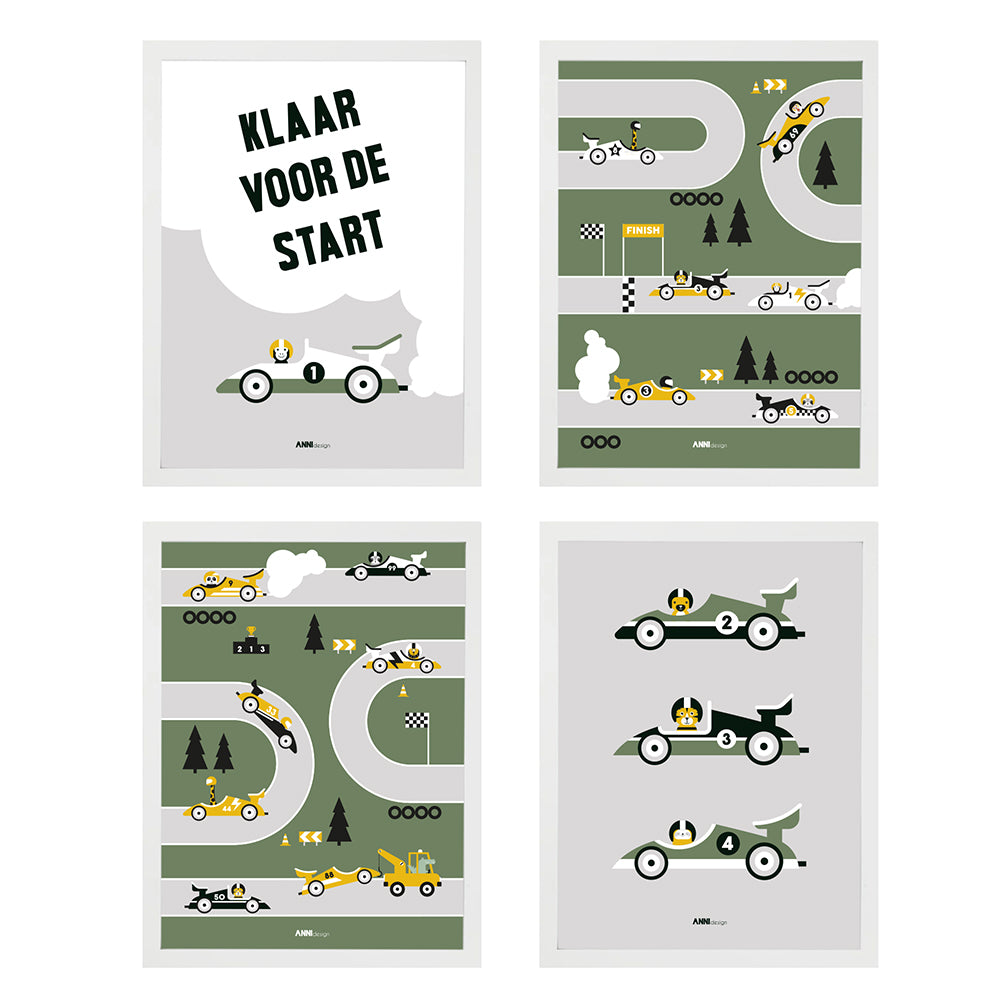 Poster set Kinderkamer Formule 1 Raceauto - grijs en groen