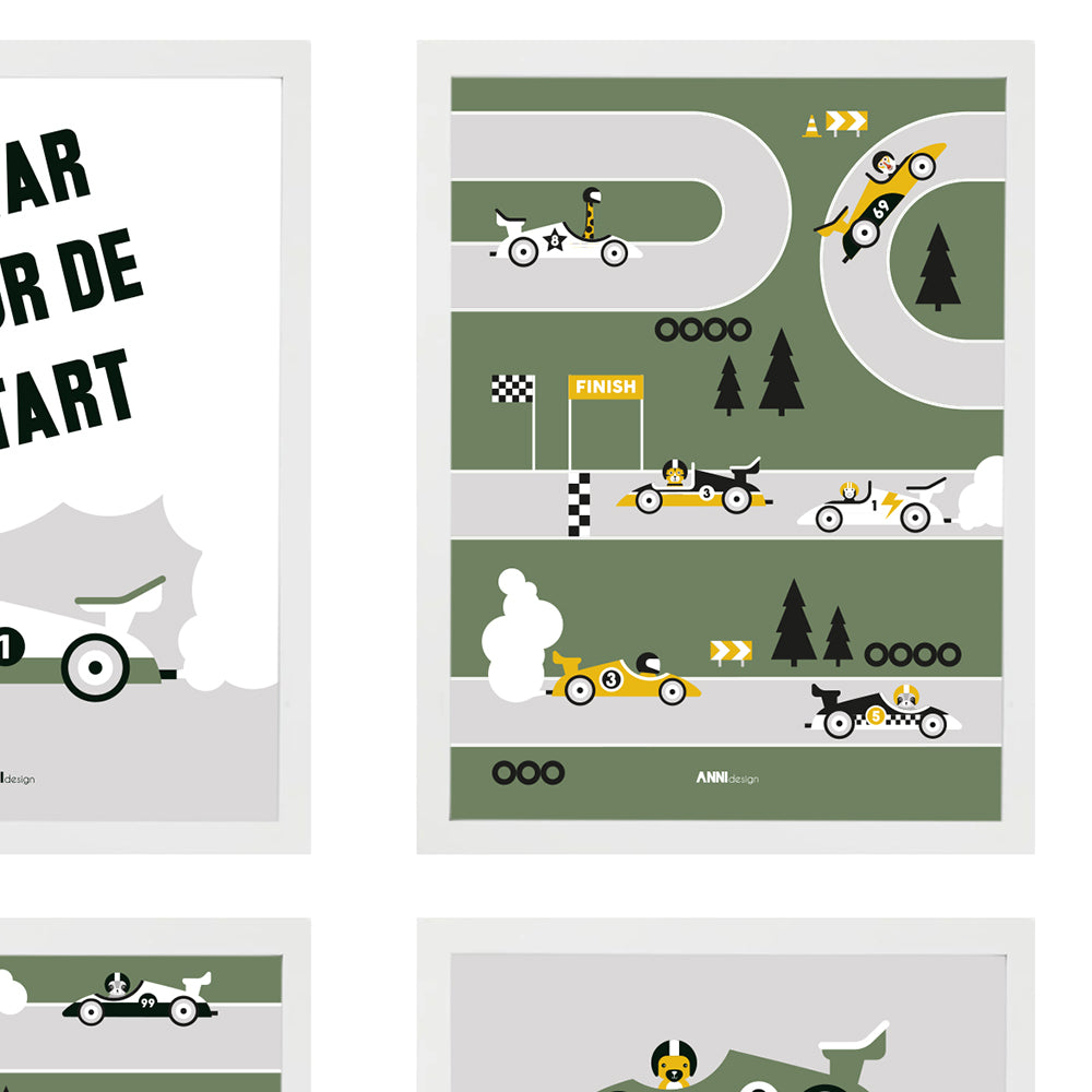 Poster set Kinderkamer Formule 1 Raceauto - grijs en groen