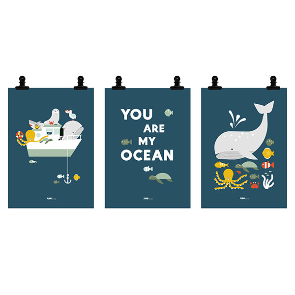 Poster set Kinderkamer Zeedieren - blauw