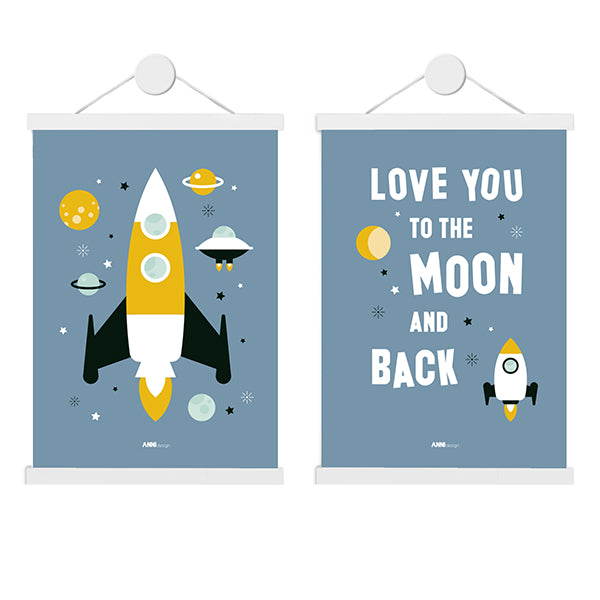 Poster set Kinderkamer Ruimte Raket & Love you to the moon - blauw