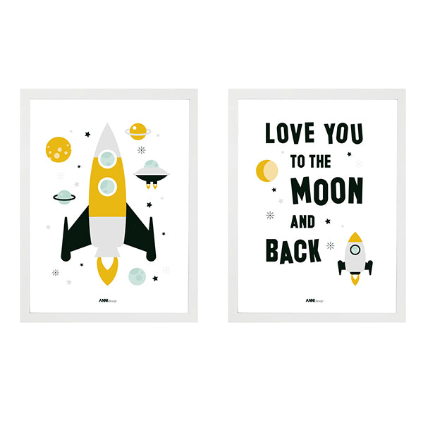 Poster set Kinderkamer Ruimte Raket & Love you to the moon - wit