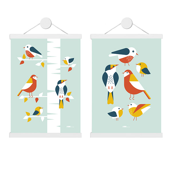 Poster set Kinderkamer Vogels - mint groen