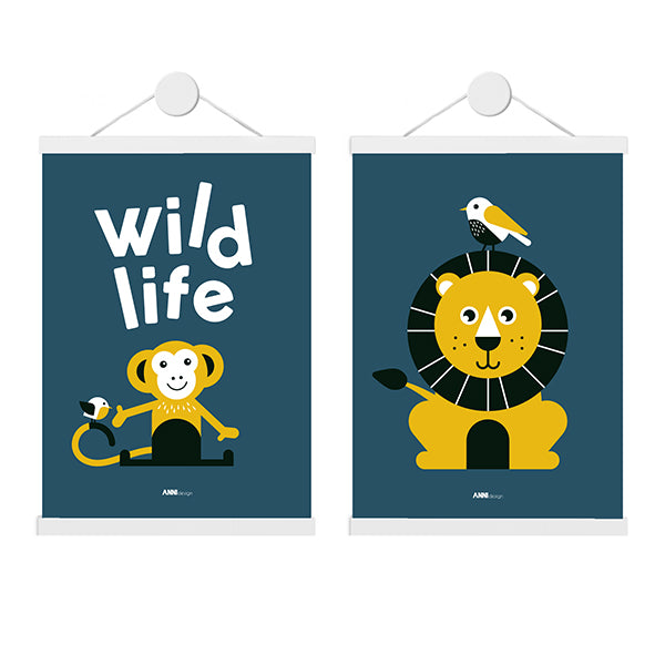 Poster set Kinderkamer Aap en Leeuw Wild Life - blauw