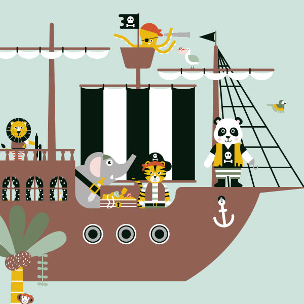 Naamposter XL Piraten op piratenschip met naam kinderkamer - mint
