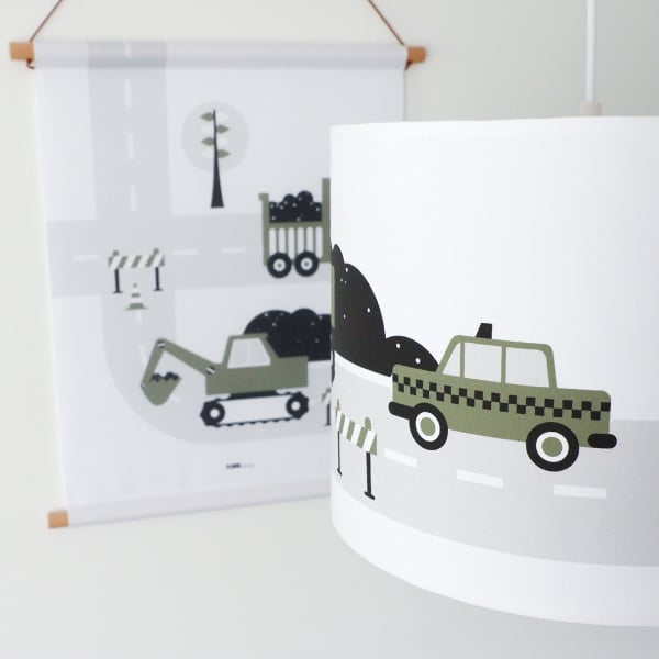 Babykamer aankleding en decoratie set - Voertuigen olijfgroen (met lamp)