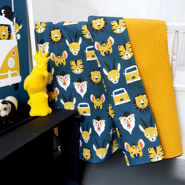 Ledikantdeken safari donkerblauw - wafelstof oker geel