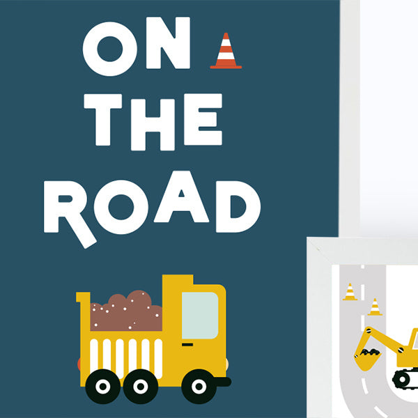 Poster kinderkamer voertuigen met tekst on the road - donkerblauw
