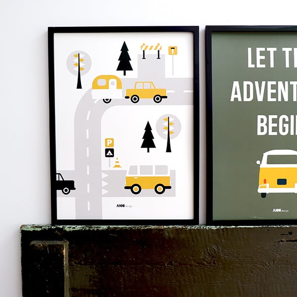 Poster kinderkamer caravan voertuigen - oker geel