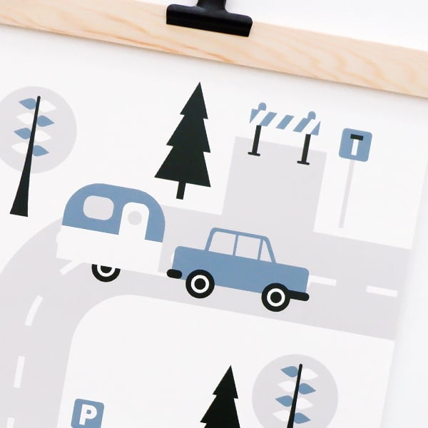 Poster kinderkamer caravan voertuigen - jeansblauw