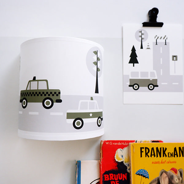 Kinderkamer aankleding en decoratie set - Voertuigen olijfgroen (met lamp)