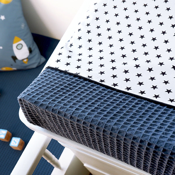 Aankleedkussenhoes wafelstof donker oud blauw - ster zwart