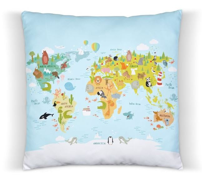 Kussen kinderkamer dieren wereldkaart - inclusief binnenkussen