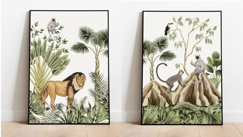 Poster set jungle kinderkamer babykamer - leeuw en apen