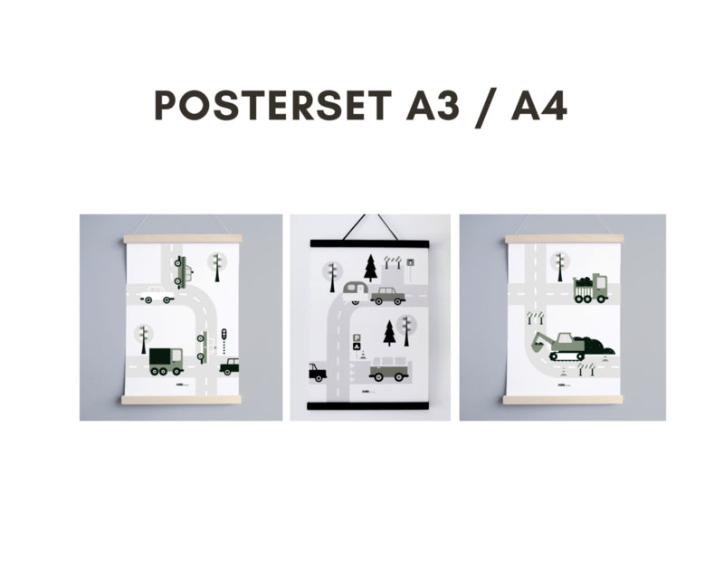 Posterset drieluik voertuigen kinderkamer - olijfgroen