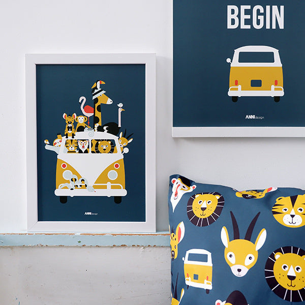 Poster set VW bus jungle kinderkamer - donkerblauw