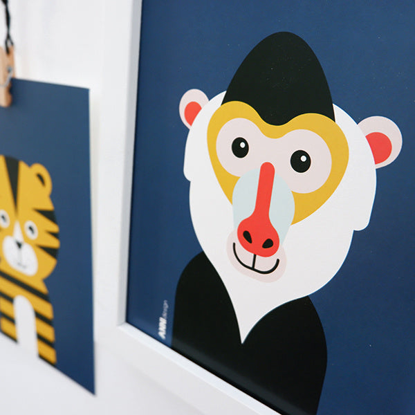 Posterset safari jungle dieren Tijger + Baviaan - donker blauw 15x20 cm