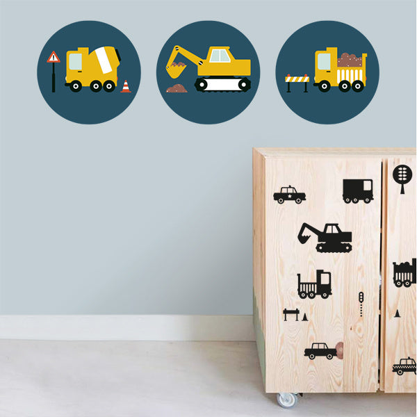 Muurcirkel set bouw voertuigen kinderkamer (donkerblauw)