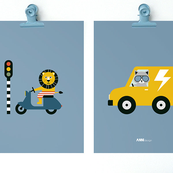 Posterset kinderkamer scooter dieren onderweg - jeansblauw