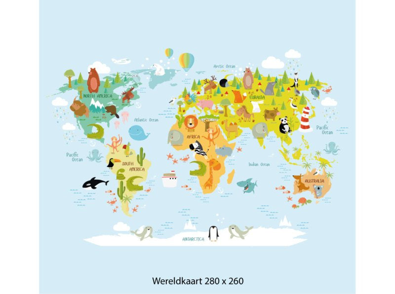 Wereldkaart behang kinderkamer - lichtblauw