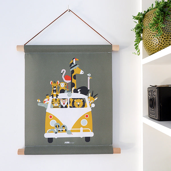 Kinderkamer aankleding en decoratie set - Safari VW bus olijfgroen oker (met lamp)