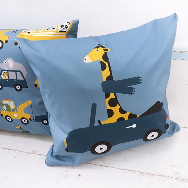 Kussen auto voertuigen kinderkamer dieren onderweg - jeansblauw