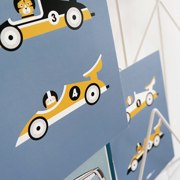Posterset kinderkamer raceauto F1 - jeansblauw 15x20 cm