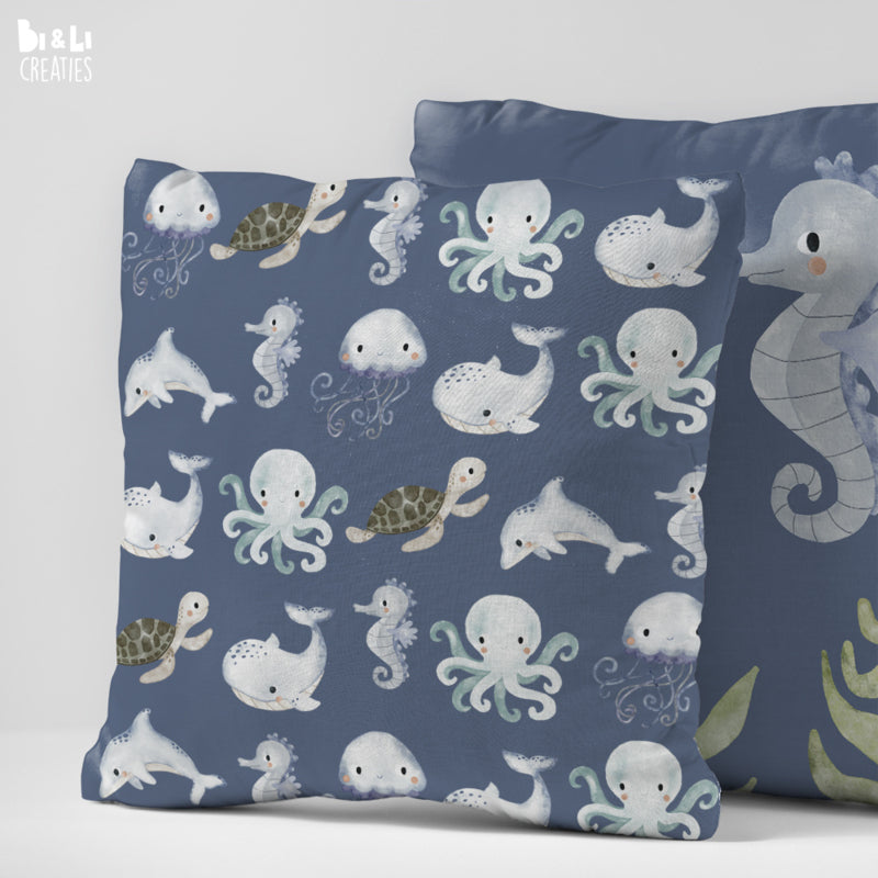 Kussen kinderkamer onderwater wereld - zeepaardje (blauw)