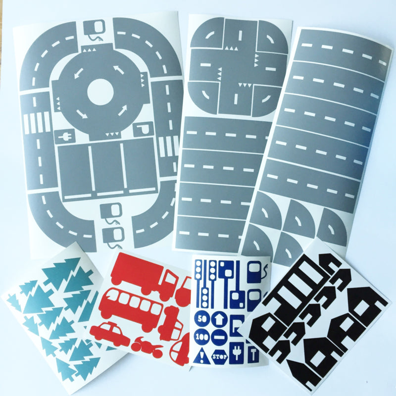 Autobaan stickerset grijze wegdelen met kleur, voordeelset