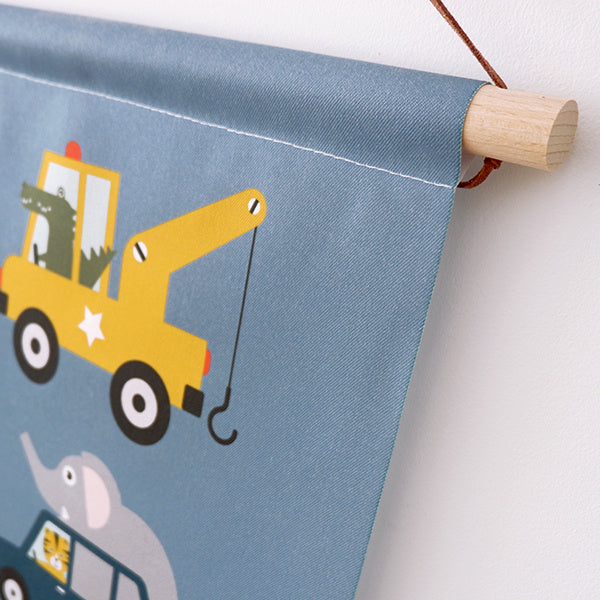 Textielposter kinderkamer Dieren onderweg in auto voertuigen - jeansblauw