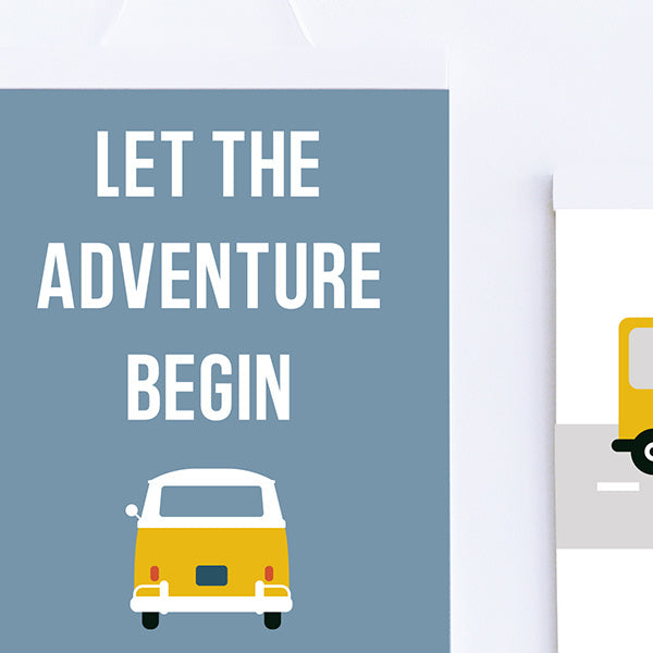 Poster VW bus met tekst Let the adventure begin - jeansblauw