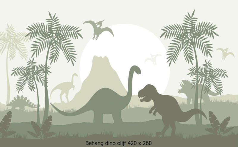 Behang  dino kamer - dinosaurus kinderkamer olijfgroen