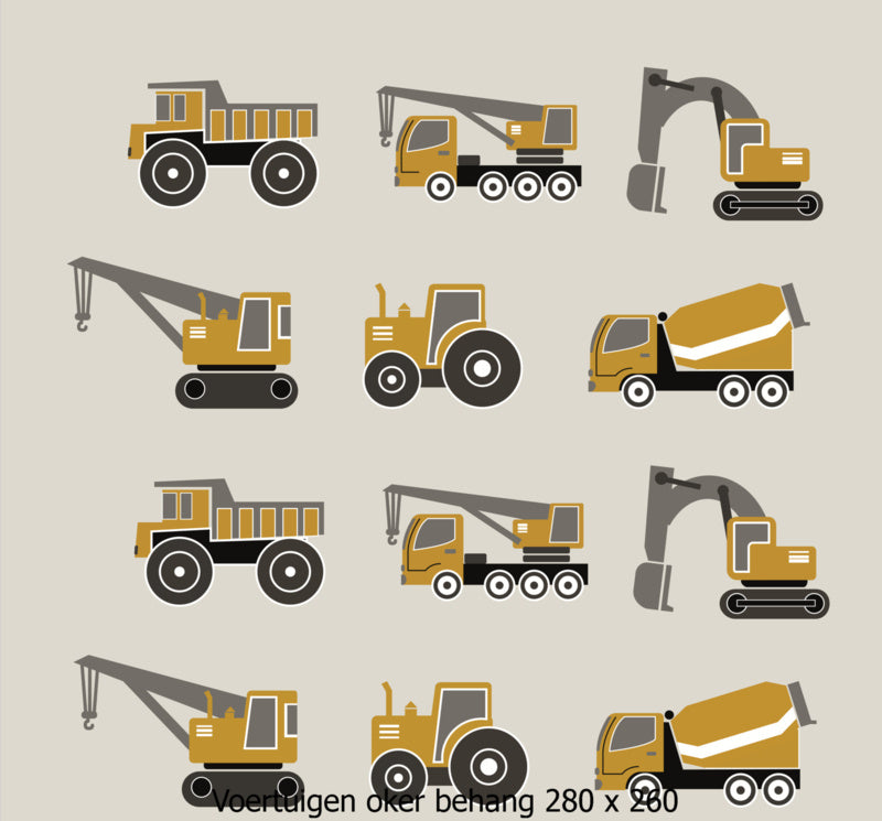 Behang kinderkamer voertuigen oker