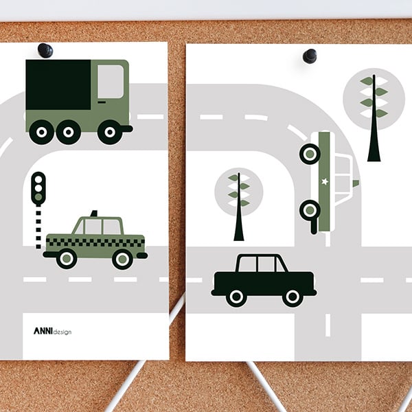 Posterset auto voertuigen kinderkamer - olijfgroen 15x20 cm