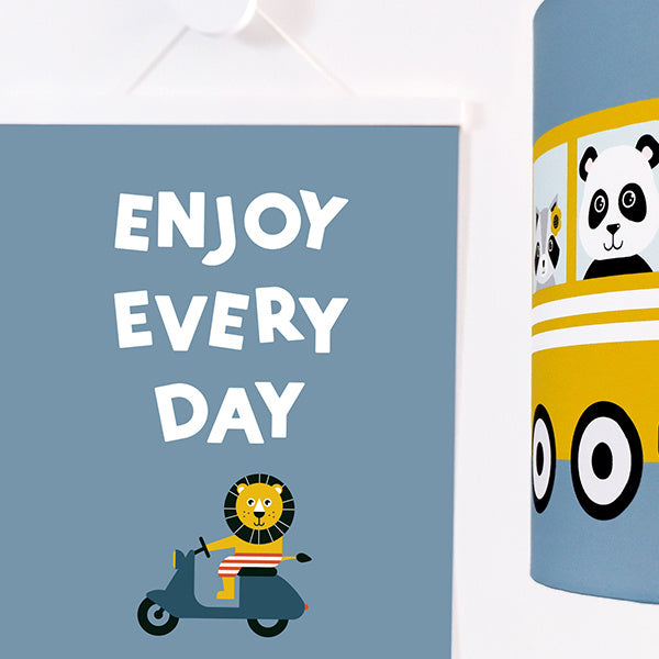 Poster kinderkamer Dieren onderweg tekst - jeansblauw