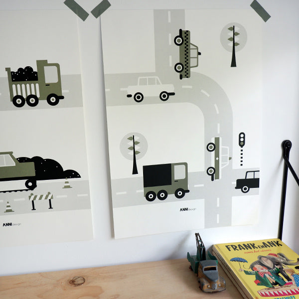 Poster auto voertuigen kinderkamer - olijf groen